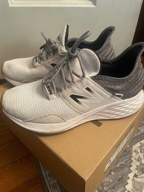 New Balance White and Gray Knit Lace-Up Sneakers